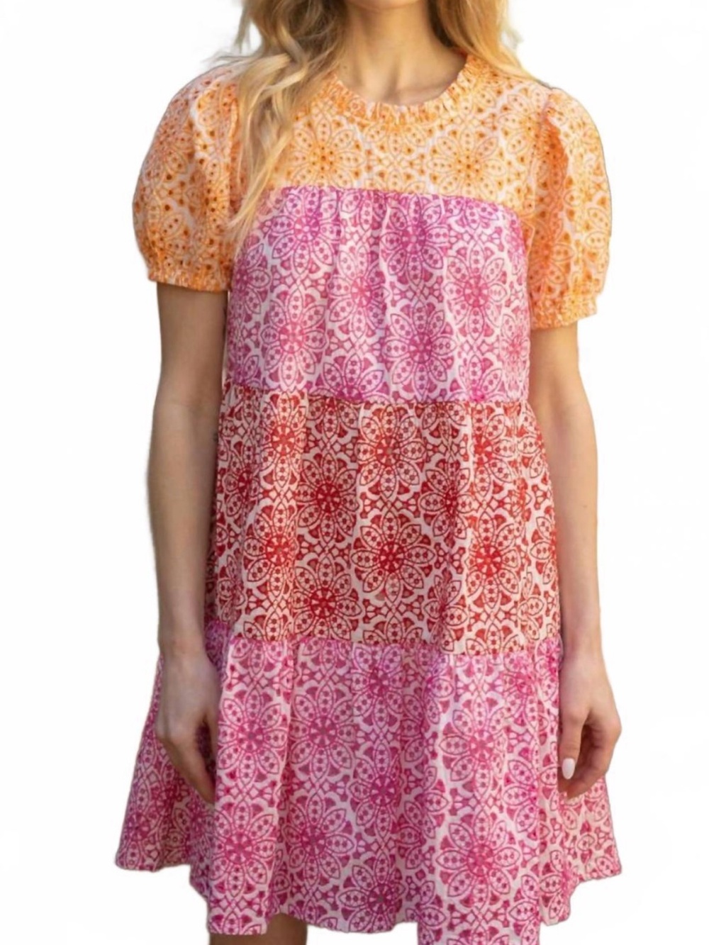 VOX Brielle Dress Colorblock Embroidered Eyelet Shift Dress Large